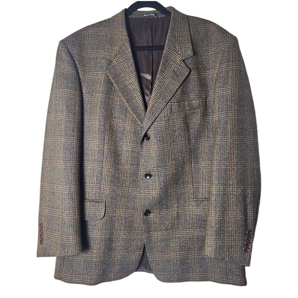Vito Rufolo Sport Coat Jacket 100% Wool 42R Made in Italy Brown Windowpane Plaid